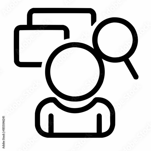 Line icon of a person with layered screens and magnifier — digital curiosity, black on white, square minimalist style