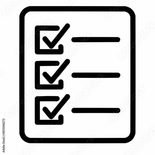 Line icon of a checklist with all items checked — task complete, black on white, square minimalist style