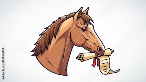 Horse head holding a scroll with red ribbon in mouth, cartoon style illustration, equestrian theme, detailed mane and facial features, light background