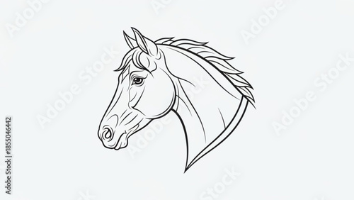 Elegant black and white line art illustration of a horse's head with flowing mane on a clean white background