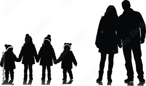 Family silhouettes walking together, parents and children holding hands, winter clothing figures isolated on white background, unity concept