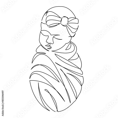 One continuous single drawing line art flat doodle newborn, baby, child, cute, girl. Isolated image hand draw contour on a white background
