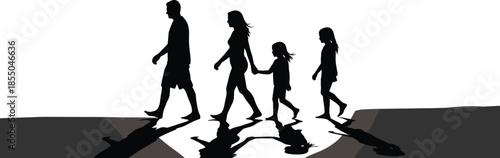 Family walking silhouettes together, parents and children crossing road concept isolated white background lifestyle illustration