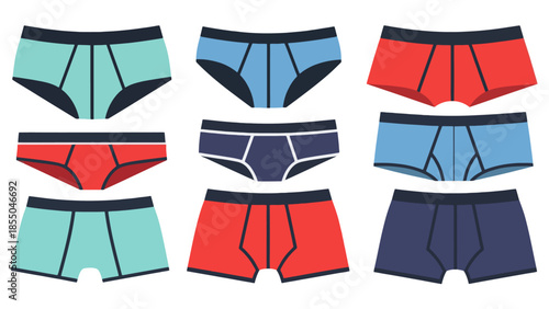 Collection of colorful underwear designs for men, featuring briefs and boxer briefs in various hues and patterns