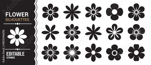 Black solid floral icons for nature design, patterns, and decorative graphics
