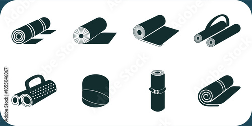 yoga mats in various rolled and unrolled positions
