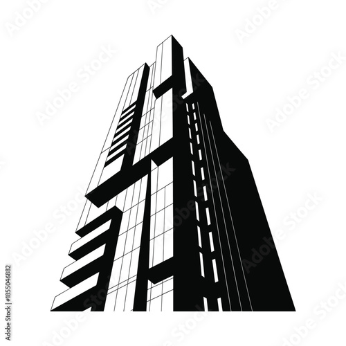 Modern skyscraper silhouette against white background