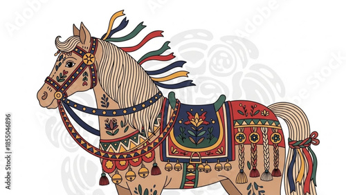 Colorful traditional decorated horse illustration with intricate saddle and bridle on a white background, majestic animal with flowing mane and ribbon adornments