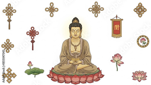 Buddha illustration surrounded by lotus flowers and traditional asian symbols on white background, serene beige and pink tones, meditation and spirituality theme