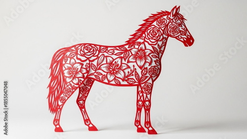 Decorative red horse with floral patterns and intricate designs on a white background, vector illustration