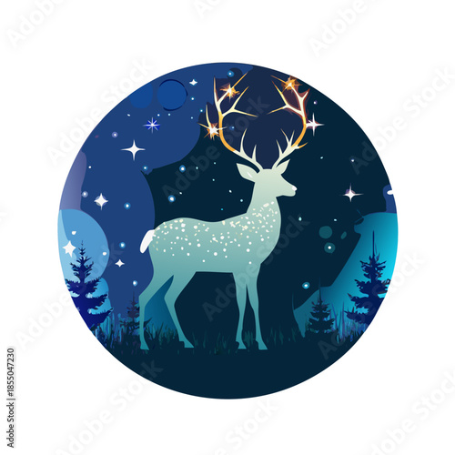 Majestic deer silhouette made of sparkling lights against a dark night cosmic backdrop creating a magical and enchanting woodland scene illustration
