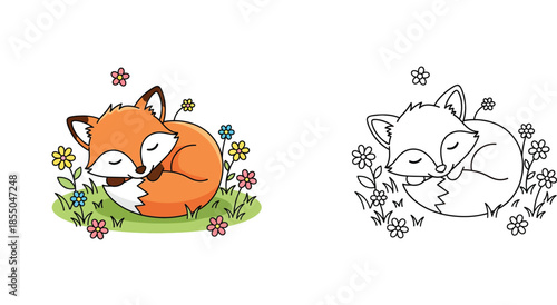 Cute sleeping fox in flowers coloring page vector illustration with colored example.