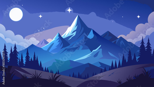 Night mountain landscape vector with stars and moon, dark blue sky, minimalist flat style