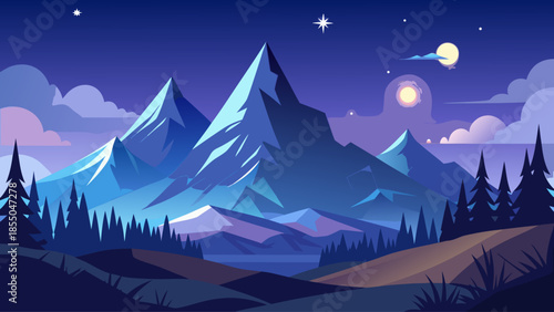Night mountain landscape vector with stars and moon, dark blue sky, minimalist flat style