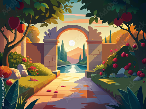 A romantic garden alley with mud walls and a pomegranate gate leading to a calm river at sunrise, lush greenery, warm golden light, and tranquil fairy-tale scenery.