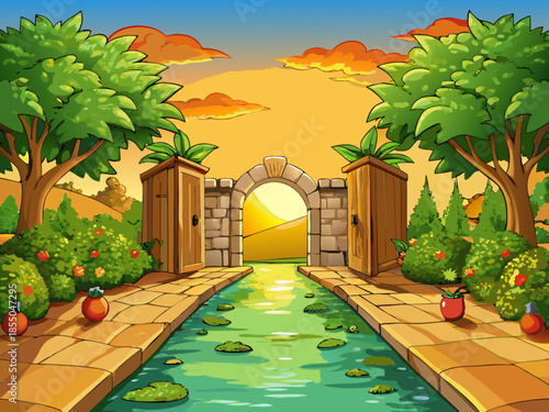 A romantic garden alley with mud walls and a pomegranate gate leading to a calm river at sunrise, lush greenery, warm golden light, and tranquil fairy-tale scenery.