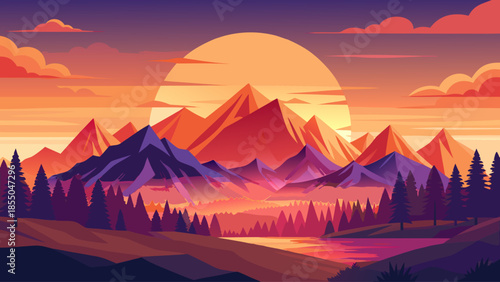 Sunset mountain landscape vector illustration with glowing sky, warm colors, minimal flat design