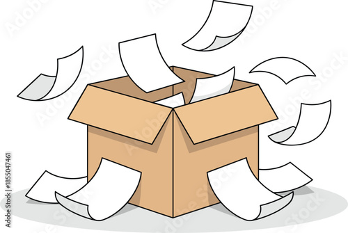 Open cardboard box with flying white papers, document storage and organization concept, archive management, messy office paperwork, moving day vector illustration, package.