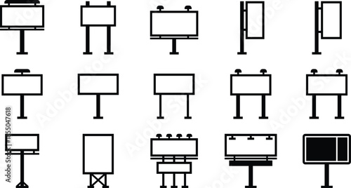 Set of billboard and outdoor advertising sign silhouettes, blank marketing display board icons, urban city street signage, commercial promotion vector illustration, business.