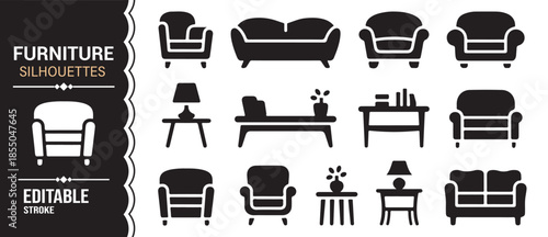 Black solid furniture icons for interior design, real estate, and home decor graphics