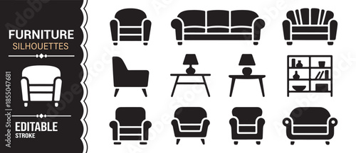 Furniture silhouette icon set with sofas, chairs, beds, and interior elements