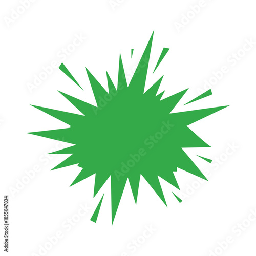 Green starburst shape with jagged edges on white background