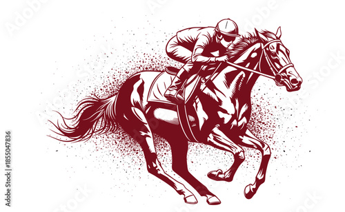 Galloping racehorse illustration, jockey riding fast, dramatic equestrian action, vintage engraving style, competitive horse racing concept, monochrome vector art design