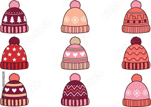 Winter hat illustration grid, 9 designs, pom-poms, festive patterns, red pink orange purple tones, isolated, vector graphic