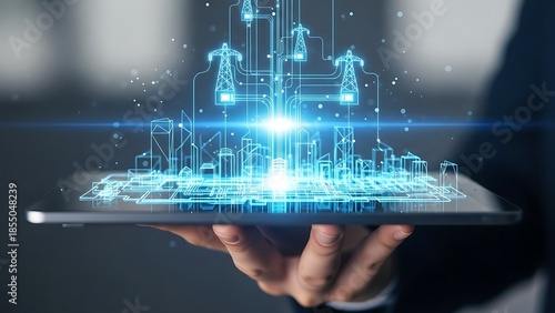 Businessman holding a tablet displaying a glowing blue holographic projection of a smart city grid connected to electrical power transmission towers for future energy concepts