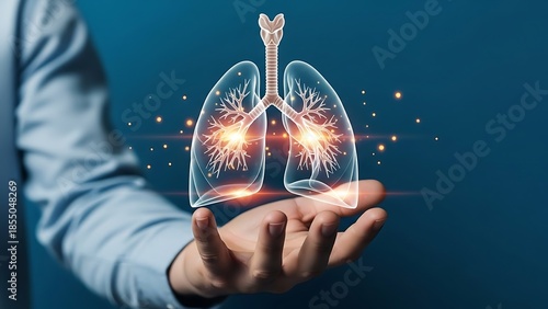 Doctor or scientist presenting a glowing holographic human lung organ model floating above an open hand against a dark blue background symbolizing respiratory health innovation