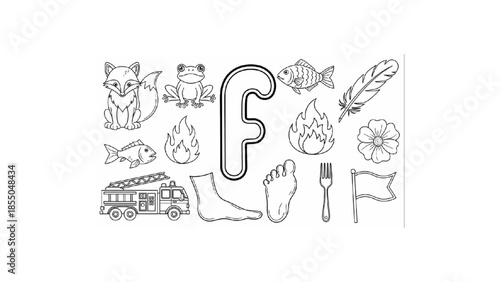 educational alphabet letter f coloring page with fox, frog, fire truck, foot, fork, flag, flame, flower, feather,  fire, and fish objects