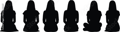 Female silhouettes sitting in row from behind, calm women figures seated on floor isolated white background illustration minimalistic peaceful concept