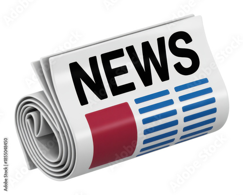 3D Rolled Newspaper with NEWS Text Representing Latest Updates and Breaking News