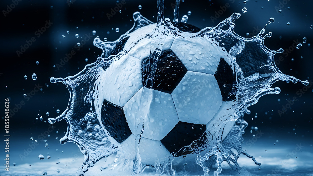 Naklejka premium Soccer ball splashing in blue water with dark background sport