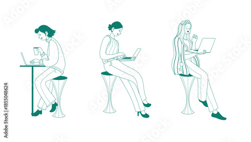 Minimalist teal line art illustration of a woman in various poses working on a laptop. Ideal for remote work, freelance career, office productivity, and female entrepreneur projects