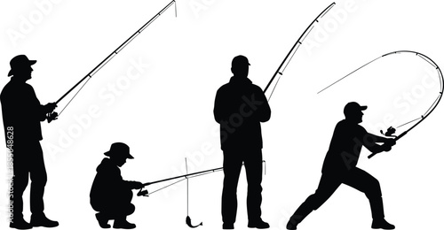 Fishing silhouette, angler poses, casting line, catching fish, crouching figure, black and white, outdoor ac
