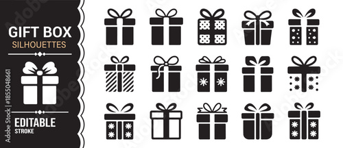 Gift box silhouette icon set with bows and ribbons for holiday and celebration designs