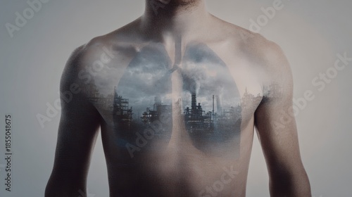 Air pollution impacts human health significantly; urban landscapes within lungs highlight urgent need for environmental awareness and clean air.