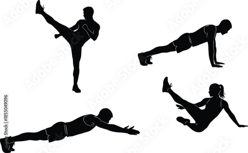 Fitness workout silhouettes showing strength training exercises, martial arts kick, push up positions, healthy active lifestyle concept isolated on white background