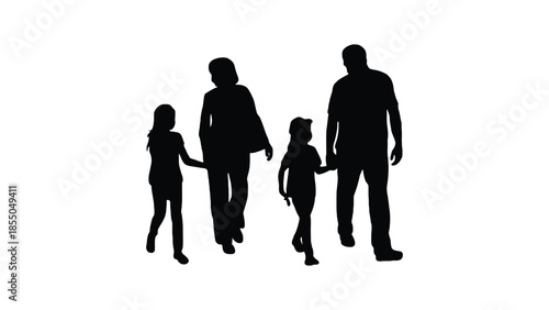 A silhouette of a family walking together holding hands on a white background.