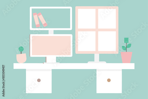 Minimal dual monitor workspace with white shelves and pastel decor