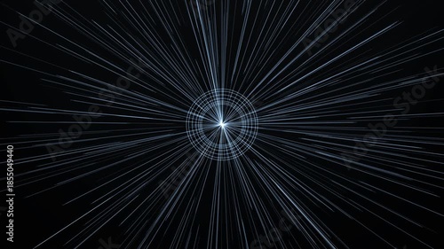 Dynamic light streaks radiate from a central, circular tunnel structure