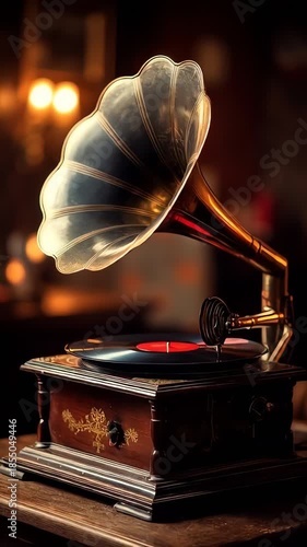 Playing vintage gramophone record on antique turntable in warm ambient setting