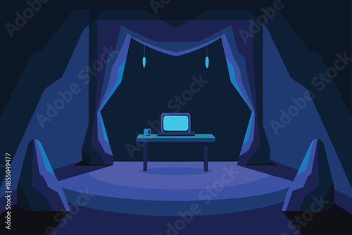 Gaming cave setup with deep blue led lighting and floating shelves