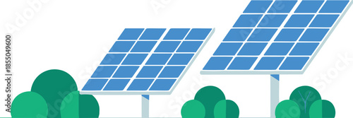 Solar panel renewable energy illustration with green plants, eco friendly technology concept, sustainable power generation, clean environment design