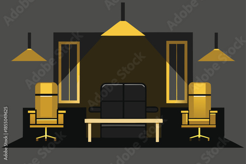 High end studio office with black leather furniture