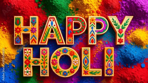 Highly decorative, 3D-embossed letters sit atop a background of deeply saturated, dry colored powders.