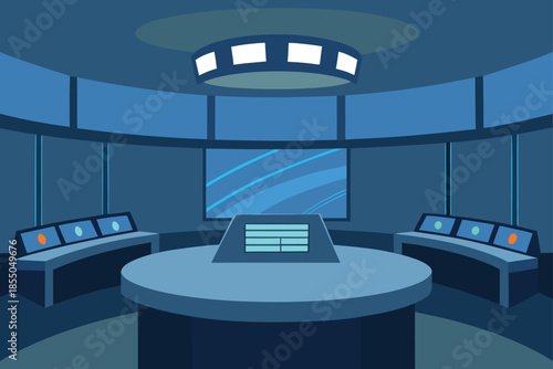 High tech control room with curved monitors and led lighting