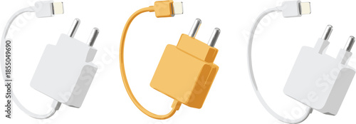 3D smartphone charger adapters with USB C cables, modern power supply accessories isolated on white background illustration