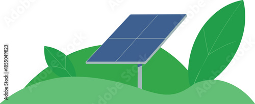 Solar panel renewable energy illustration with green plants, eco friendly technology concept, sustainable power generation, clean environment design